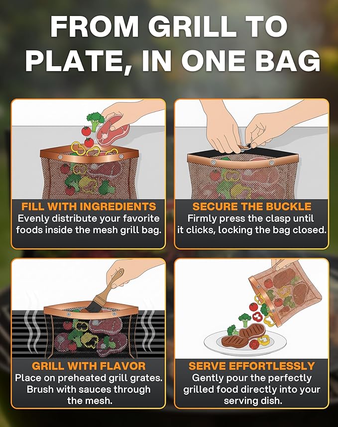 Mesh Grill Bags for Outdoor Grill – Reusable PTFE Non-Stick Grilling Pouch for Easy Cleanup, Grilling Bags for Vegetables, Fish & Smoker Accessories – Dishwasher Safe, 2Pcs