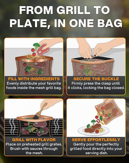 Mesh Grill Bags for Outdoor Grill – Reusable PTFE Non-Stick Grilling Pouch for Easy Cleanup, Grilling Bags for Vegetables, Fish & Smoker Accessories – Dishwasher Safe, 2Pcs