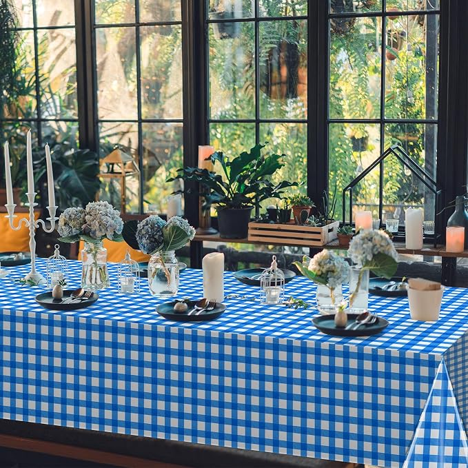 3Pcs Blue Gingham Tablecloths, Checkered Party Table Covers 54x108 In | Disposable Plastic Blue Checkered Tablecloth Buffalo Plaid Table Cover for Baby Shower Bridal Wedding Birthday Party