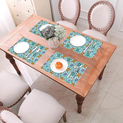 Cute Sea Turtle Placemats Set of 4 Ocean Themed Decorative Table Mat | Washable Non-Slip Heat-Resistant Teal Nautical Linen Place Mats for Kitchen Dining Outdoor Party Home Decor 12"x18"