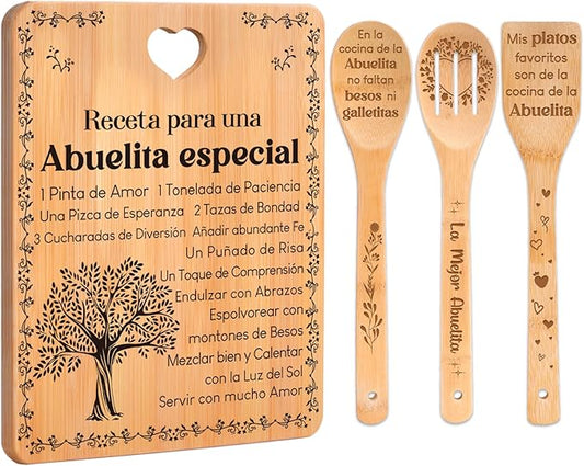 Regalos de cumpleaños para Abuelita - "Receta para una Abuelita especial". Juego de tablas de cortar y utensilios de bambú grabados. Regalos de cumpleaños para Abuelita. Spanish Grandma Cutting Board