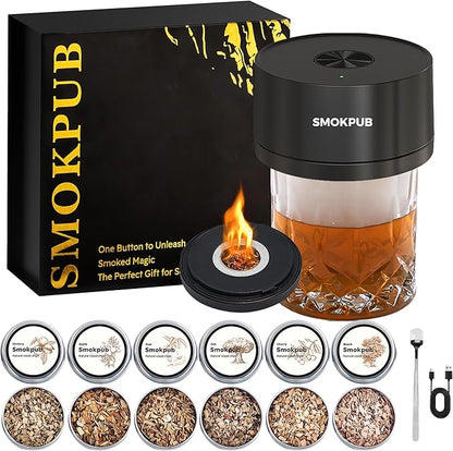 Electric Whiskey Smoker Kit, Rechargeable Cocktail Smoker with 6 Wood Chips, Flameless Heating System, Old Fashioned Drink Smoker Kit, Bourbon Whiskey Gifts for Men,Dad,Husband