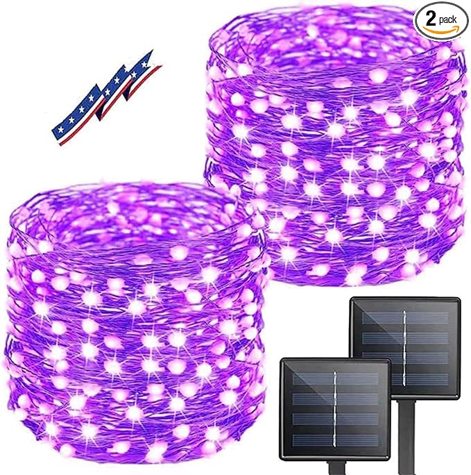Solar Halloween String Lights Outdoor 2Pack 80FT 200LED Purple Fairy Lights | 8 lighting Modes, Auto On/Off, IP65 Waterproof, Copper Wire Twinkle Lights for Garden Tree Patio Halloween Decorations