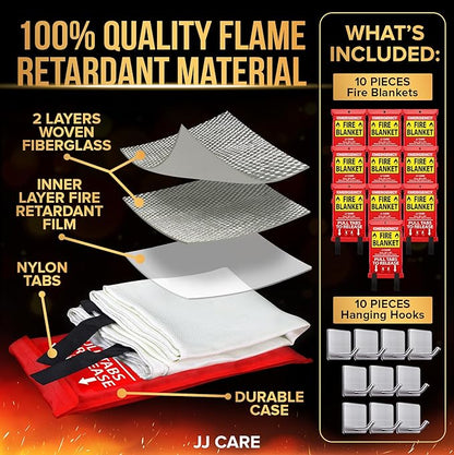 JJ CARE Fire Blanket – 10 Packs with Hooks – 40" x 40" Emergency Fire Blanket for Home & Kitchen, High Heat Resistant Fire Suppression Blankets for Home Safety, Kitchen, and Camping