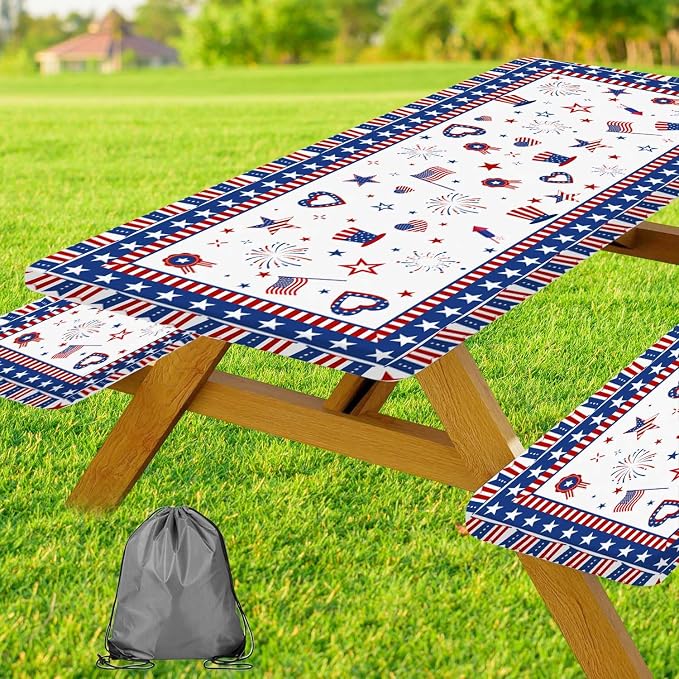 JAWO 4th of July Picnic Table Cover with Bench Covers Set of 3, Patriotic Red White Blue Star Heart American Flag Waterproof Foldable Fitted Picnic Tablecloth for Outdoor Patio BBQ Party, 30X60in