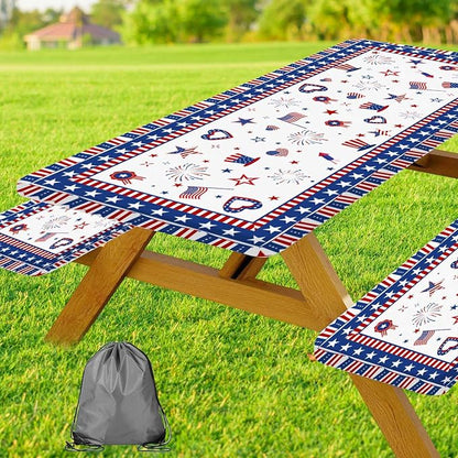 JAWO 4th of July Picnic Table Cover with Bench Covers Set of 3, Patriotic Red White Blue Star Heart American Flag Waterproof Foldable Fitted Picnic Tablecloth for Outdoor Patio BBQ Party, 30X60in