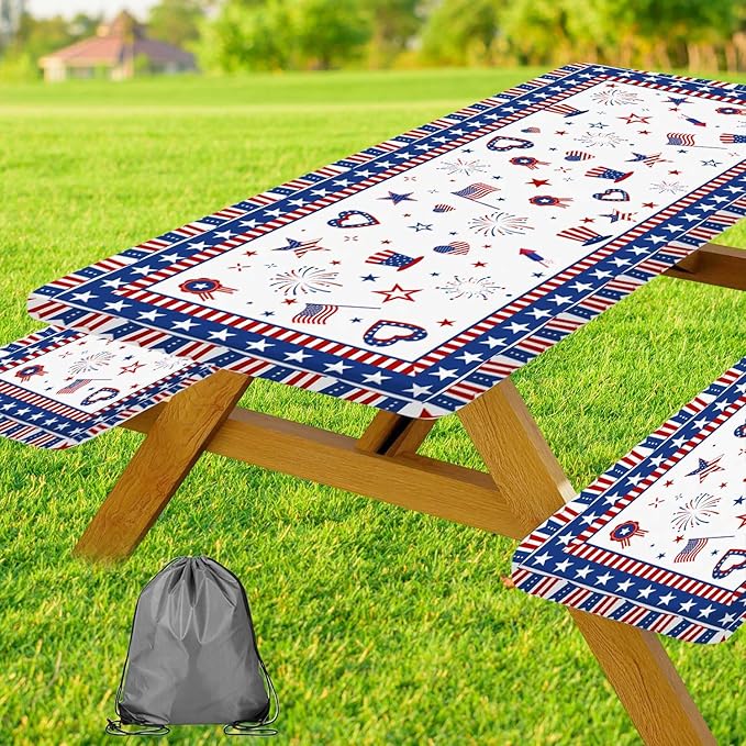 JAWO 4th of July Picnic Table Cover with Bench Covers Set of 3, Patriotic Red White Blue Star Heart American Flag Waterproof Foldable Fitted Picnic Tablecloth for Outdoor Patio BBQ Party, 30X96in