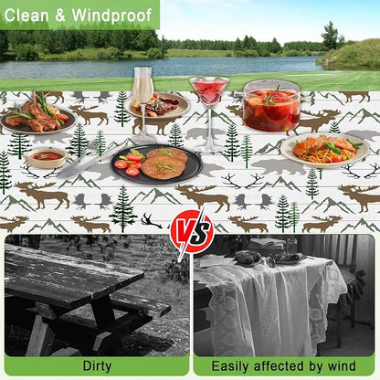 JAWO Picnic Table Cover with Bench Covers and Bag, Deer Moose Forest Wildlife Rv Essentials, Waterproof Windproof Fabric, Fitted Tablecloth Cover with Elastic Edge, 3 PCS, 30x60 Inch