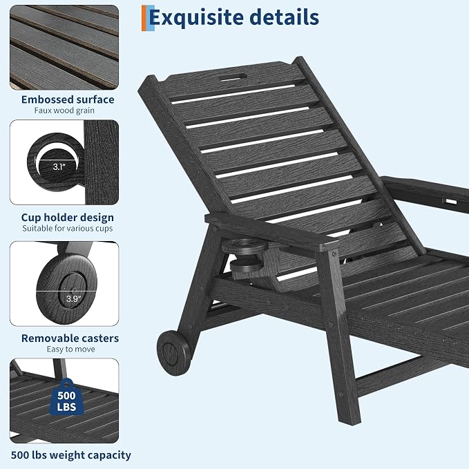 Garvee Lounge Chair Outdoor Set of 4 with Wheels & 5-Position Adjustable Backrest, Oversized Chaise Lounge with 2 Move Handle, HDPE Lounge Chair w/Detachable Cup Holder, for Patio, Pool,Dark Gray