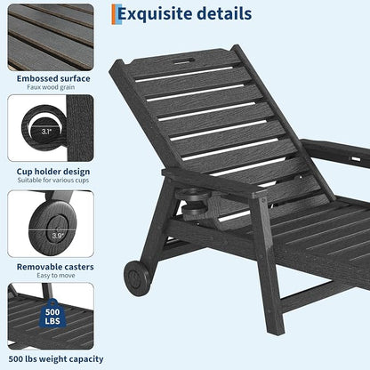 Garvee Lounge Chair Outdoor Set of 4 with Wheels & 5-Position Adjustable Backrest, Oversized Chaise Lounge with 2 Move Handle, HDPE Lounge Chair w/Detachable Cup Holder, for Patio, Pool,Dark Gray
