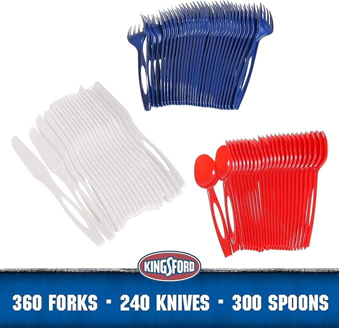 Kingsford Assorted Plastic Cutlery Set, Full Size Disposable Forks Knives & Spoons, Heavy Duty Reusable Dishwasher Safe Utensils for BBQ, Picnics, Parties & Daily Meals, Red White Blue, 75 Count