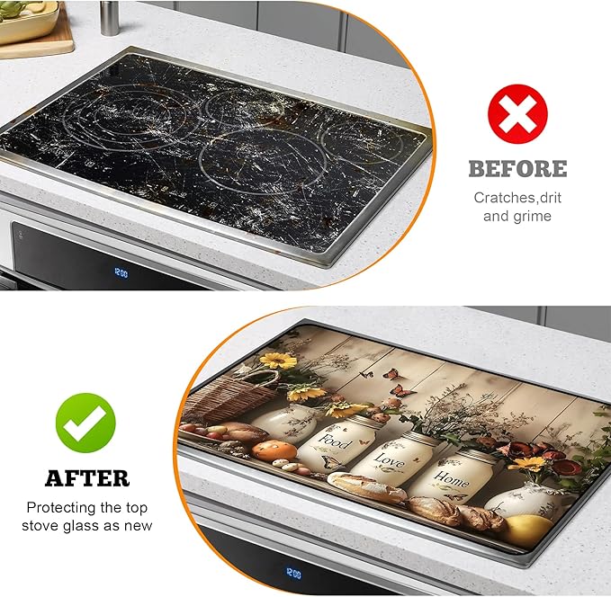 Multi-Design Stove Cover for Glass/Electric Stoves - 3-in-1 Heat-Resistant Protector Mat, Non-Slip Drying Rack30"L x 21"W
