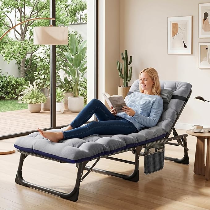 ABORON 3-in-1 Folding Patio Lounge Chair, 440LB Heavy-Duty Tri-Fold Guest Bed with Plush Cotton Cushion, No Assembly Adjustable Recliner for Office Nap, Patio Sunbathing, Poolside & Camping