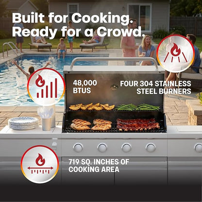 Tytus Fresno 5-Burner Propane or Natural Gas Island Grill – 864 sq. in. Cooking, 48,000 BTU Main + 12,000 BTU Side Burner, Porcelain Grates, Storage Cabinets, Semi-Portable -SS/Shadow Stone Deluxe Kit