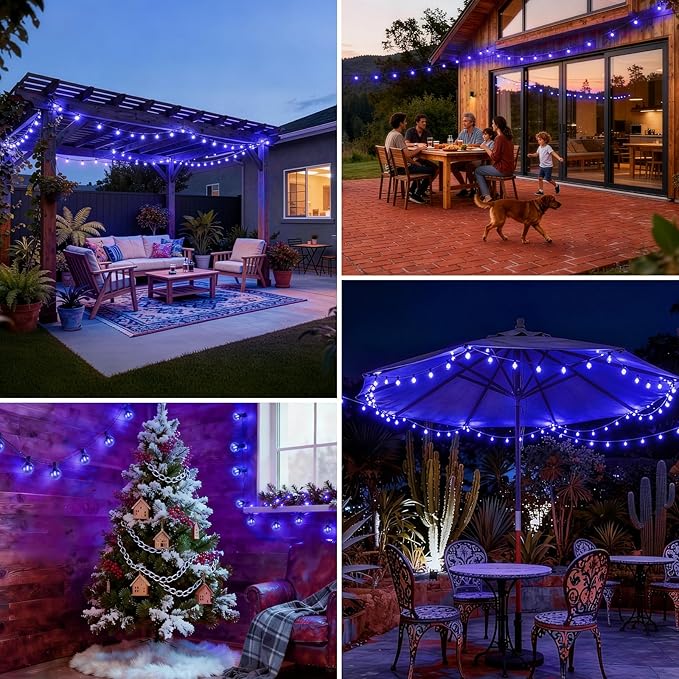 50 FT Blue Outdoor String Lights G40 Globe Shatterproof Patio Lights,26 Plastic Edison Bulbs(2 Spare) IP65 Waterproof Dimmable LED Bulbs for Backyard Porch Balcony Party Decor, E12 Base