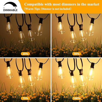 Brightever Outdoor String Lights 200FT Waterproof, Patio String Lights for Outside with 100+4 ST38 Shatterproof LED Filament Bulbs, Dimmable Hanging Lights for Christmas, Party, Cafe (2-Pack 100FT)