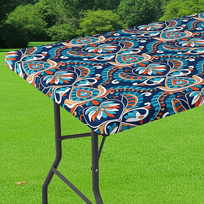 Smiry Spandex Fitted Tablecloth for 6 Foot Rectangle Tables, Washable Picnic Table Cover with Elastic, Stretch Reusable Table Cloth for Outdoor, Camping, Dining & Kitchen (Peacock Paisley, 30"x72")