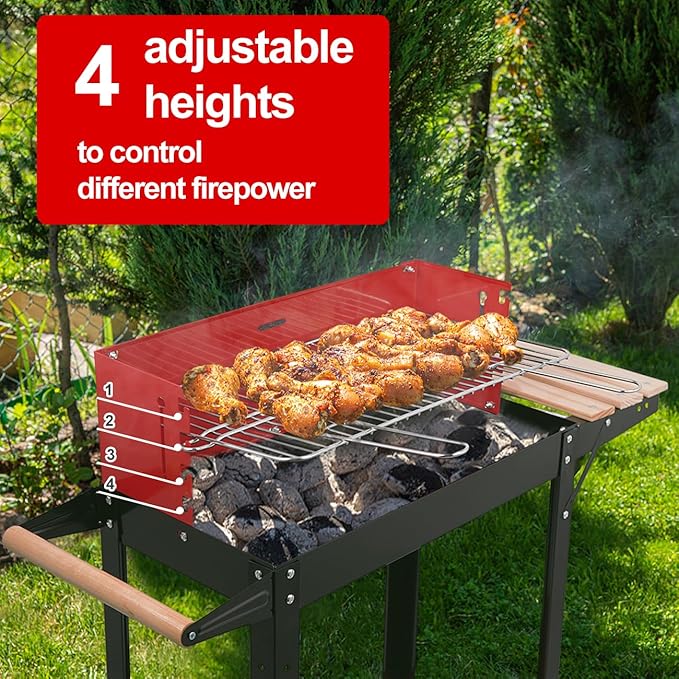 Charcoal Grill, Outdoor BBQ Portable Grill with Side Table and Wheel, Folding Grill for Outdoor Cooking Camping Garden (Red)
