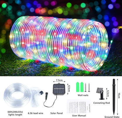 Jnaurb Solar Rope Lights, 66ft 200LED Solar String Lights, 8 Modes Waterproof Solar Outdoor Light, Flexible Clear Trampoline Light for Garden Backyard Patio Deck Porch Pool Tree Decor - Multicolor