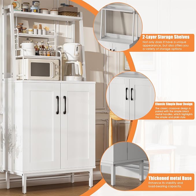 kepptory 51" Kitchen Baker's Rack with Storage, Microwave & Toaster Oven Stand, Freestanding Coffee Bar Station with Wine Glass Holder & Side Storage Shelves, White