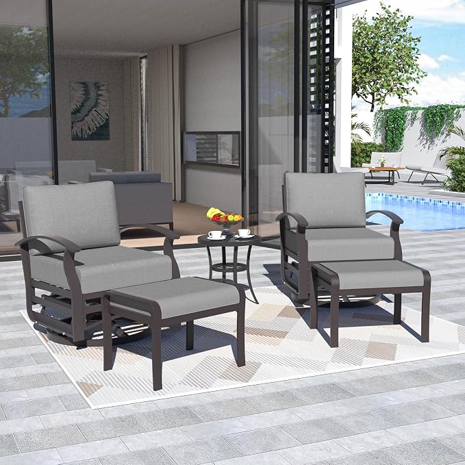 ALAULM 5 Piece Aluminum Outdoor Swivel Chairs High Back Metal Swivel Rocking Chairs with 5.1" Sponge Cushions, 2 Ottmans and 1 Coffee Table for Patio, Porch, Backyards, Garden(Grey)
