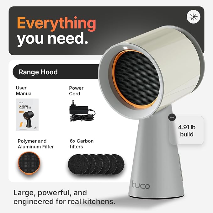 TUCO Portable Range Hood, Countertop Kitchen Exhaust Fan with 3 Speeds, 5-Layer Filter, Powerful Smoke Removal, Low Noise, Oil Cup, Air Purifier for Apartments, Dorms & Indoor BBQ Smokeless – Grey