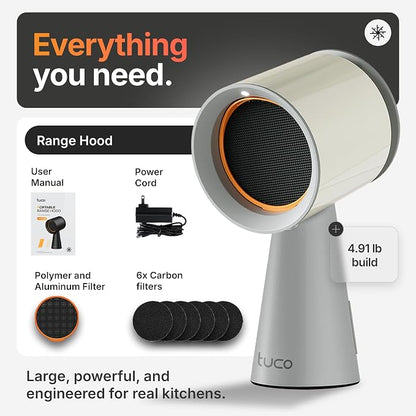 TUCO Portable Range Hood, Countertop Kitchen Exhaust Fan with 3 Speeds, 5-Layer Filter, Powerful Smoke Removal, Low Noise, Oil Cup, Air Purifier for Apartments, Dorms & Indoor BBQ Smokeless – Grey