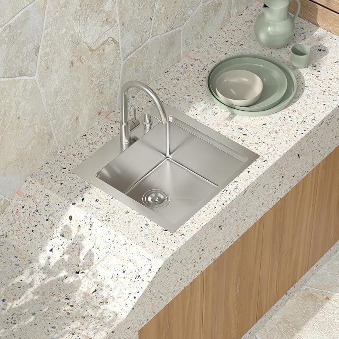 23 Inch Outdoor Kitchen Sink with Faucet - Drop In Workstation 16 Gauge T-304 Stainless Steel Single Bowl Topmount Outdoor Sink with Stainless Steel Dust-Proof Cover #TLT-0064