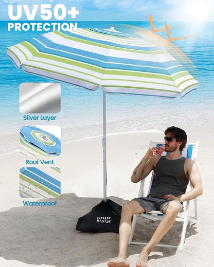 OutdoorMaster 7.2ft Beach Umbrellas for Sand with Sandbag & Anchor | 7.2ft Adjustable Umbrella for Beach, Wind Resistant, Portable UPF50+ Sunshade with Carry Bag for Patio