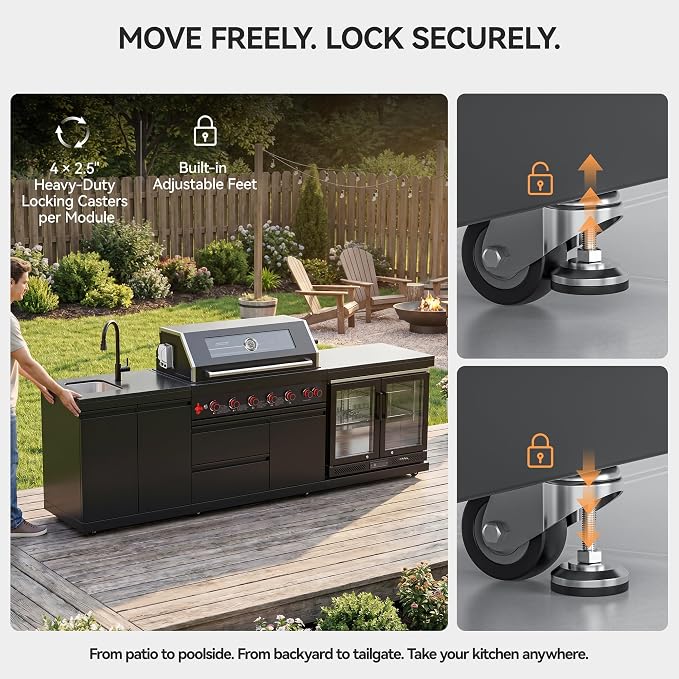 SERA C 4-Burner Natural Gas Outdoor Kitchen with Dual Sink Black | Black 304 stainless steel, 75,300 BTU + side burner, dual-door sink with pull-out faucet, locking casters, patio backyard