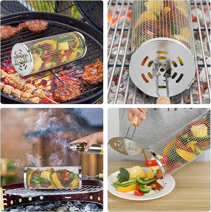 Rolling Grill Baskets 2PCS, 304 Stainless Steel Grill Basket with Removable Wooden Handle, Portable BBQ Grilling Basket for Fish Vegetables Shrimp, Outdoor Barbecue Accessories - Ideal Gifts for Men Dad Husband