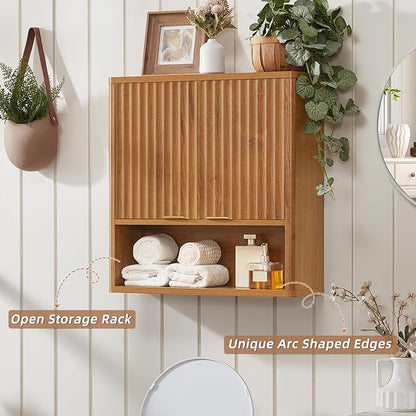 LEYAOYAO Fluted Bathroom Wall Cabinet, Wall-Mounted Medicine Cabinet with Adjustable Shelf and 2 Doors, Tea Brown Farmhouse Over the Toilet Storage Cabinets for Laundry Room, Kitchen, Living Room