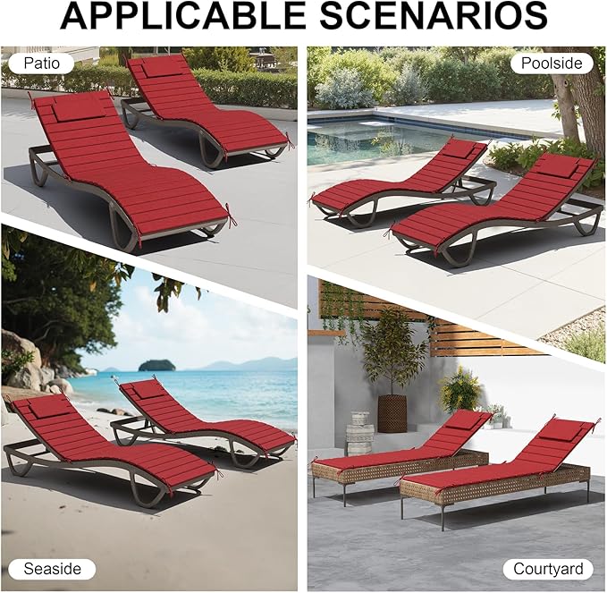 Crestlive Products Chaise Lounge Cushion Outdoor Set of 2, Foldable Waterproof Pool Lounge Chair Cushions with Straps, Lounger Cushions for Outdoor Furniture, 80''Lx26''W (Chili)