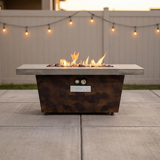 42 Inch Propane Fire Pit Table for Backyard Entertaining – 50,000 BTU Outdoor Gas Firepit with Easy Ignition, Cement-Look Finish & Convertible Coffee Table Lid for Patio Garden