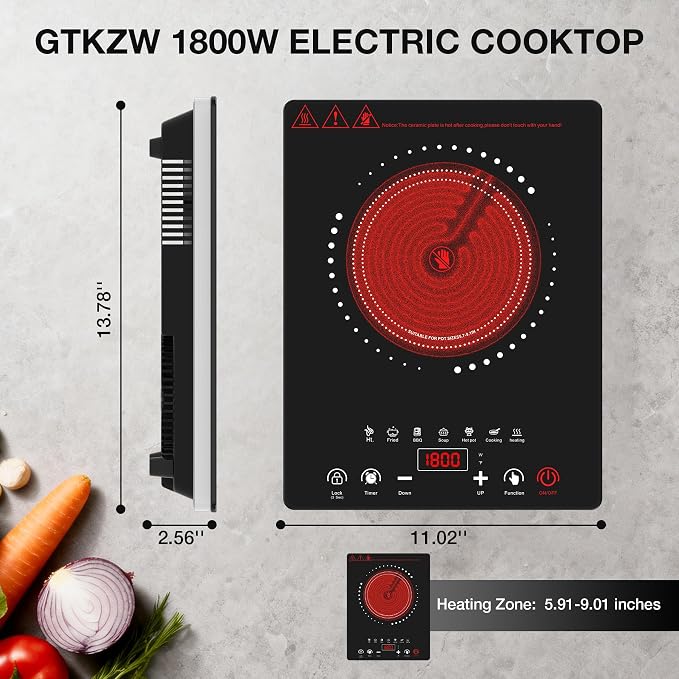 Portable Electric Cooktop GTKZW, 1800W Single Stove Burner Hot Plate with LED Touch Screen, for RV and Dorm