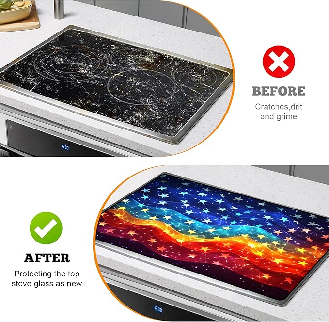 Multi-Design Stove Cover for Glass/Electric Stoves - 3-in-1 Heat-Resistant Protector Mat, Non-Slip Drying Rack 28"x20" (Star Ocean)