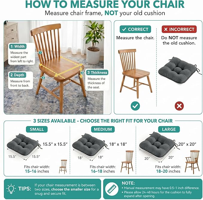 BETU Chair Cushions for Dining Chairs,3.5" Thick Kitchen Table Chair Pads with Ties,Non Slip Backing and Covers,Seat Cushion for Dining Room,Bar,Patio Chairs,18"X18"X3.5"