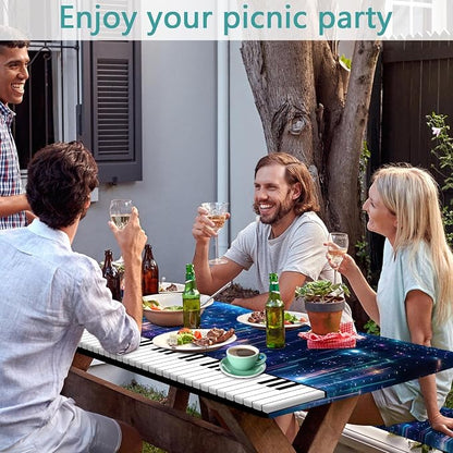 Piano Keyboard Picnic Table Cover with Bench Covers, Camping Essentials, Music Themed Waterproof Windproof, Fitted Tablecloth Cover with Elastic Edge, for Outdoor, Garden, 3 PCS, 30x96 Inch