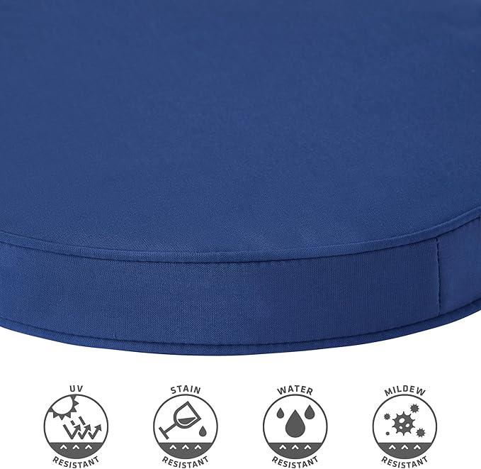 Set of 2 Outdoor 18 inch Round Patio Dining Chair Pads – Comfortable Fiber-Filled Seat Cushions with Ties, Reversible Polyester Fabric - Marine Blue