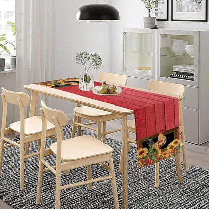 Home Dining Table Runner Dresser Scarf Linen Burlap Fabric,Farm Red Barn Chicken with Sunflower Kitchen Dining Table Decoration for Indoor Party Home 13x60 Inch