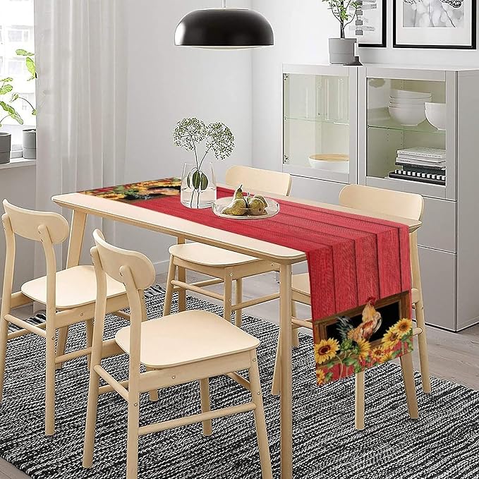 Home Dining Table Runner Dresser Scarf Linen Burlap Fabric,Farm Red Barn Chicken with Sunflower Kitchen Dining Table Decoration for Indoor Party Home 13x36 Inch