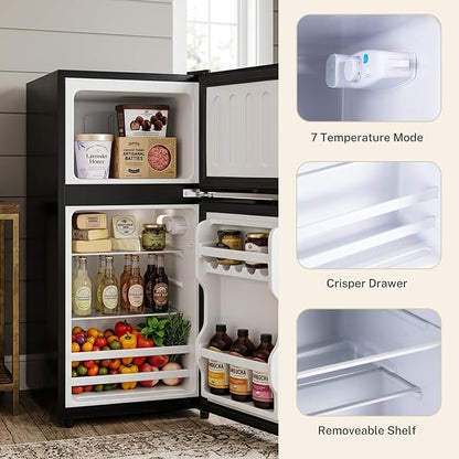 3.2 Cu.Ft Mini Fridge with Freezer, 2 Door Small Refrigerator with Adjustable Thermostat Energy-efficient Low Noise, Compact Fridge for Bedroom, Office, Dorm, Matte Black