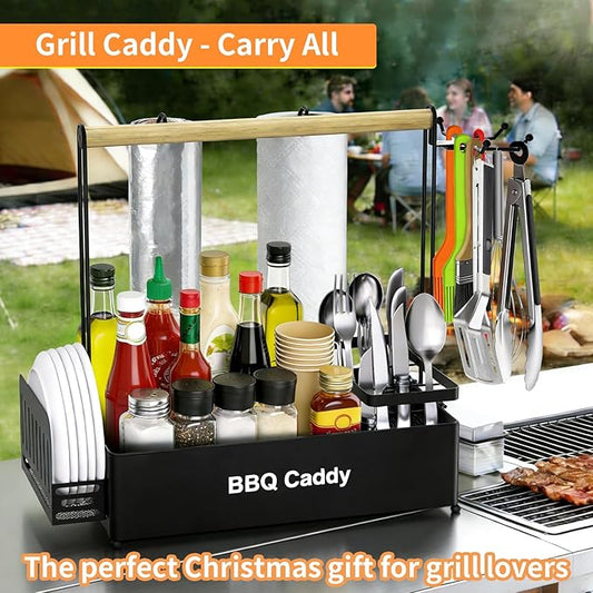 Grill Caddy, BBQ for Outdoor Grill with 2 Paper Towel Holders, Picnic BBQ Condiment Utensil Organizer Caddy for Outdoor Cooking, Rv, Camping Essential, Camper Must Haves,Gifts for Men