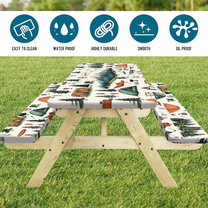 Picnic Table Cover with Bench Covers, Mountain Tent & Campfire Tablecloth, Elastic Edges, Waterproof Windproof Fitted, for Outdoor Camping Patio Garden, with Drawstring Bag, 96 Inch 3PCS