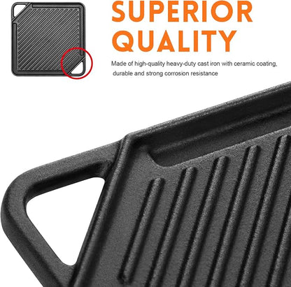 GGC Cast Iron Reversible Griddle | Double-sided Griddle Pan for Stove Tops and Gas Grills, 10"x 10" Square Baking Flat and Ribbed Griddle for Camping stoves