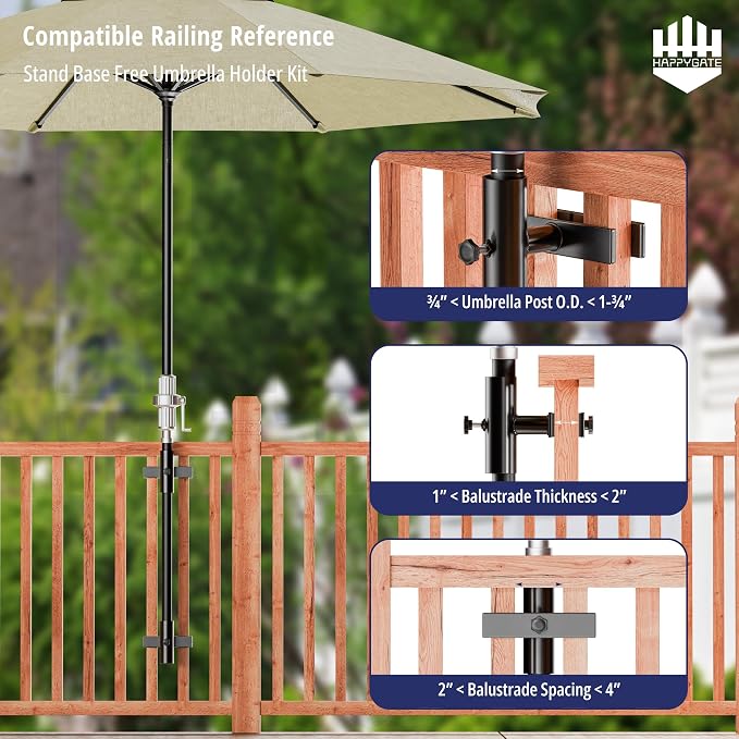 Patio Umbrella Stand for Deck Railing, Adjustable Patio Umbrella Holder Outdoor Umbrella Base, Fixed Clip Umbrella Stand Outdoor Base Parasol Holder for Deck, Outdoor Courtyard, Balcony