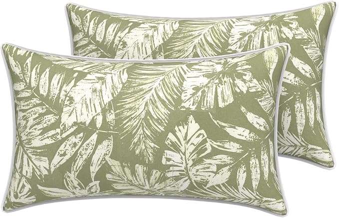 LVTXIII 2 Pack Outdoor Lumbar Pillow Covers 12x20 Inch with Piping, Water-Repellent Back Cushion Covers ONLY for Patio Furniture, Sofa, Garden Bench, Tropical Leaf Green