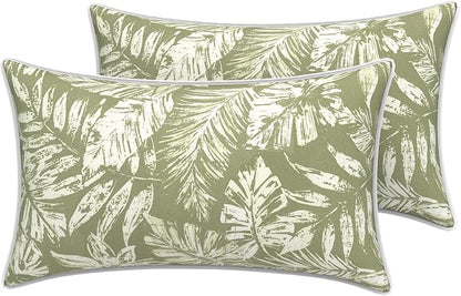 LVTXIII 2 Pack Outdoor Lumbar Pillow Covers 12x20 Inch with Piping, Water-Repellent Back Cushion Covers ONLY for Patio Furniture, Sofa, Garden Bench, Tropical Leaf Green