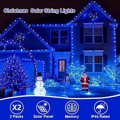 QITONG 2 Pack Blue and White Solar Christmas Lights, Each 66ft 200 LED Solar String Lights Outdoor Waterproof, 8 Modes Solar Twinkle Light for Outside
