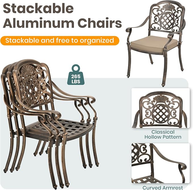 Pamapic 7-Piece Outdoor Dining Set,Cast Aluminum Patio Furniture with Vintage Table & 6 Stackable Chairs, Outdoor Furniture Set for Garden, Poolside (with 6 Cushion,Bronze)